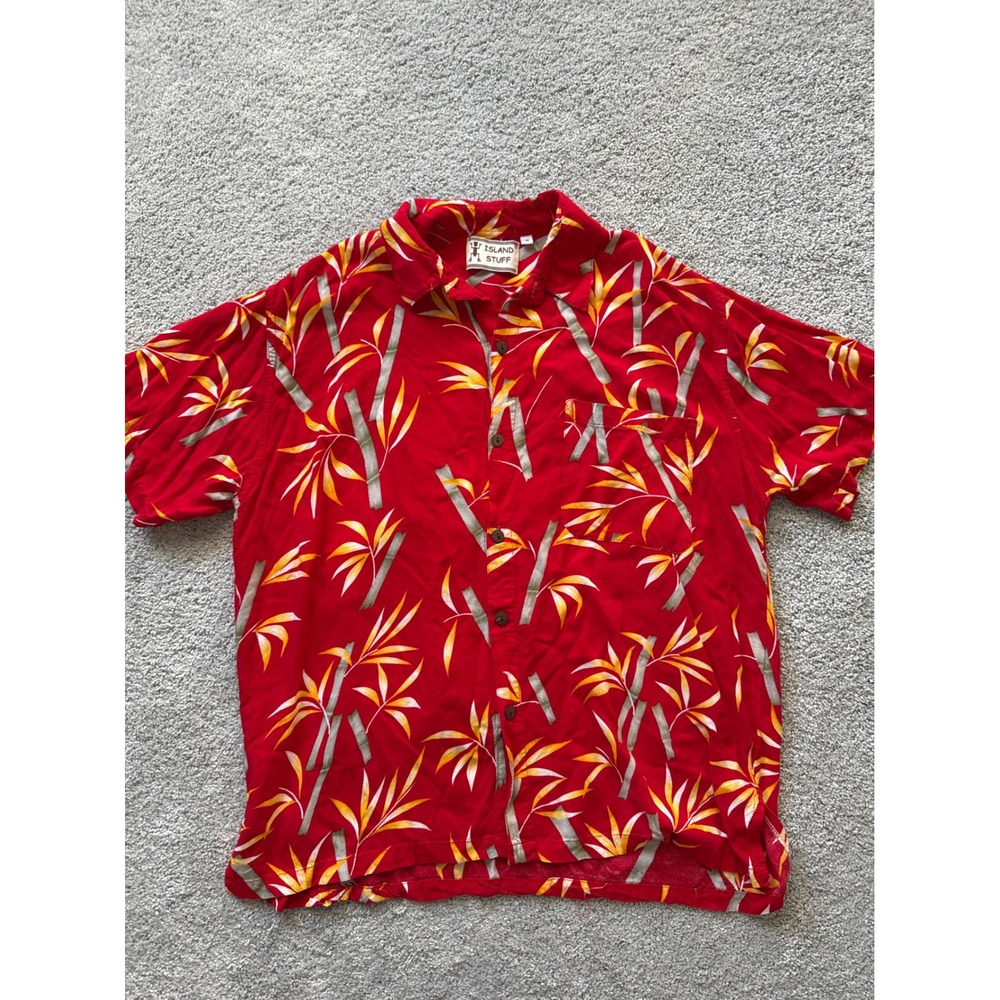 Island Stuff Red Bamboo Leaf Hawaiian Shirt Womens Size Medium Button Down Aloha